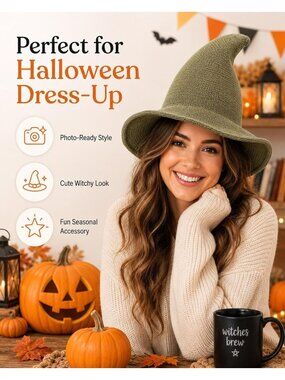 🎃 Unisex Olive Wool Knitted Masquerade Cosplay Costume Halloween Witch Hat
